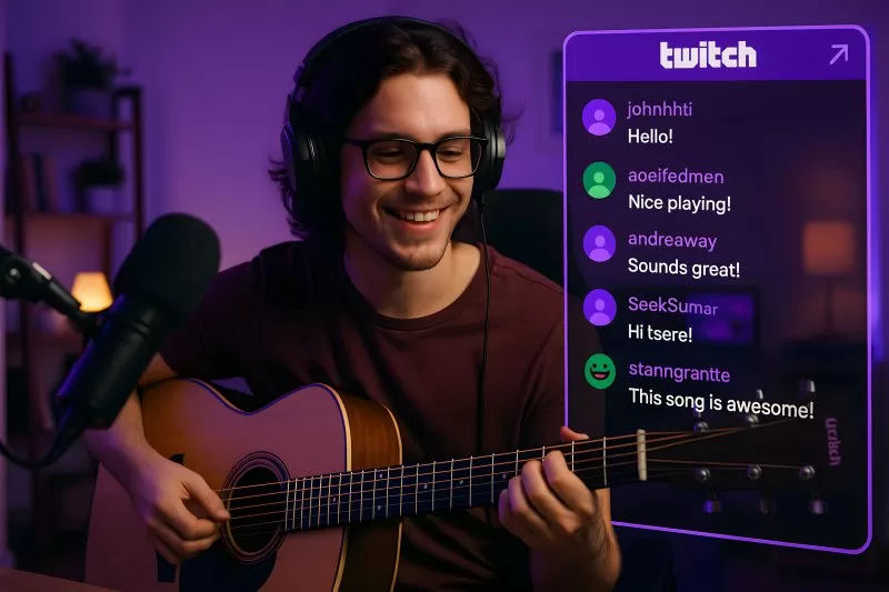 Guitar live music stream with Twitch chat overlay