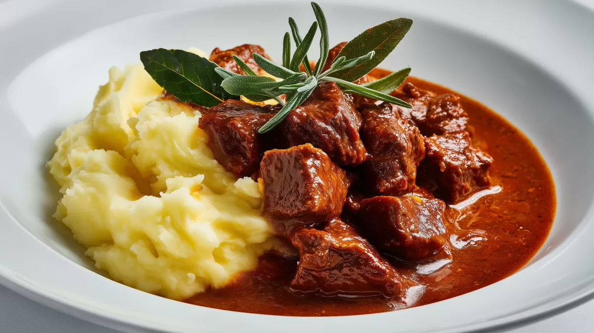 Gulasch mit Kartoffelpüree und frischen Kräutern
