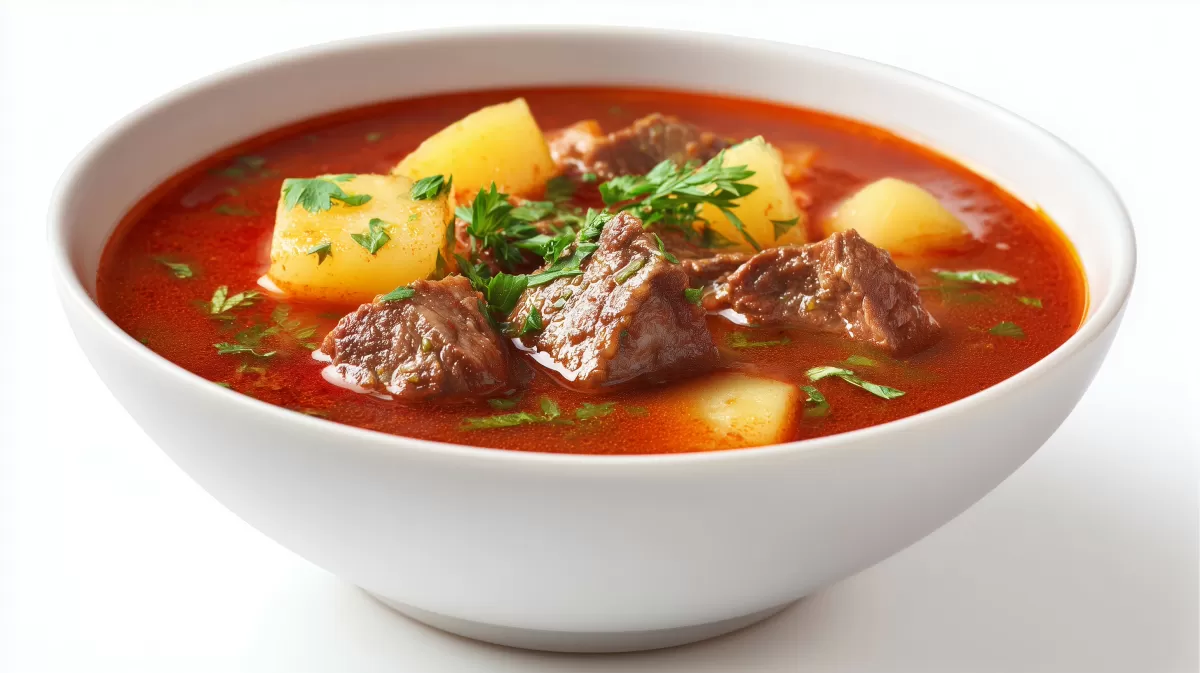 Gulaschsuppe in weißer Schüssel