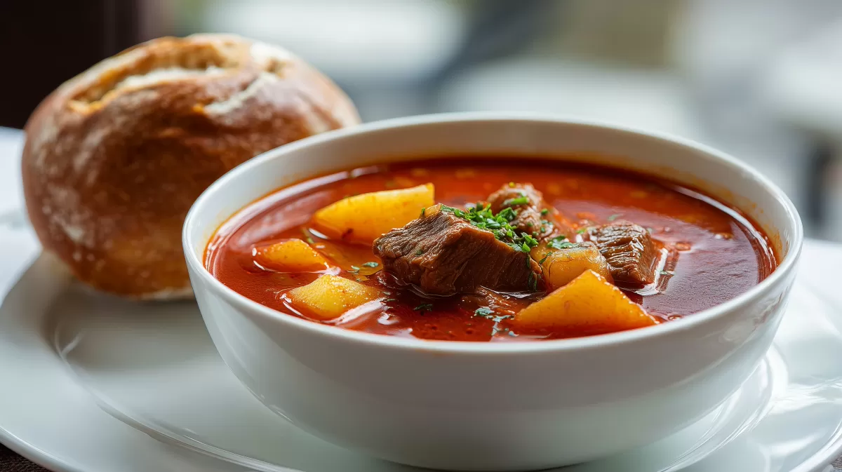Gulaschsuppe mit Kartoffeln und Brötchen