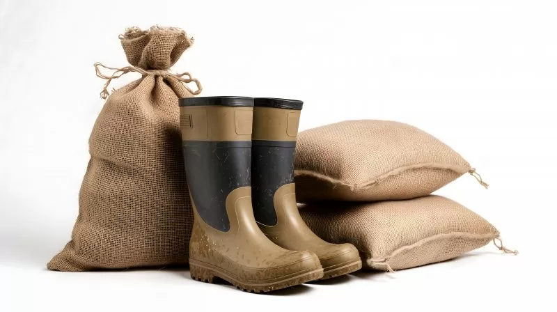 Gummistiefel mit Sandsäcken bei Hochwasser