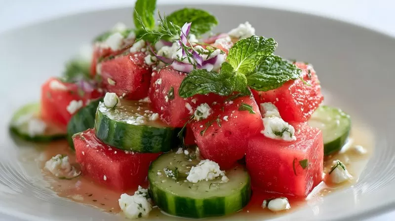 Gurken-Wassermelonen-Salat mit Feta Zwiebel und frischen Kräutern