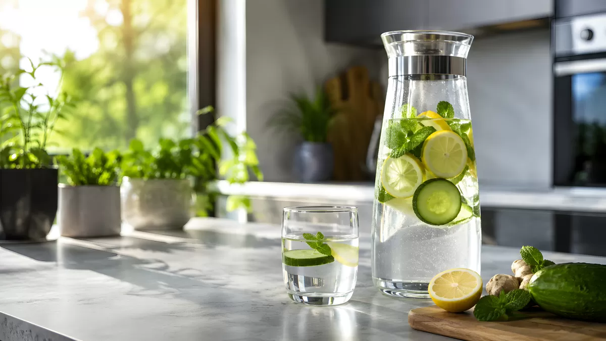 Gurken-Zitronen-Wasser in Karaffe auf Marmortheke