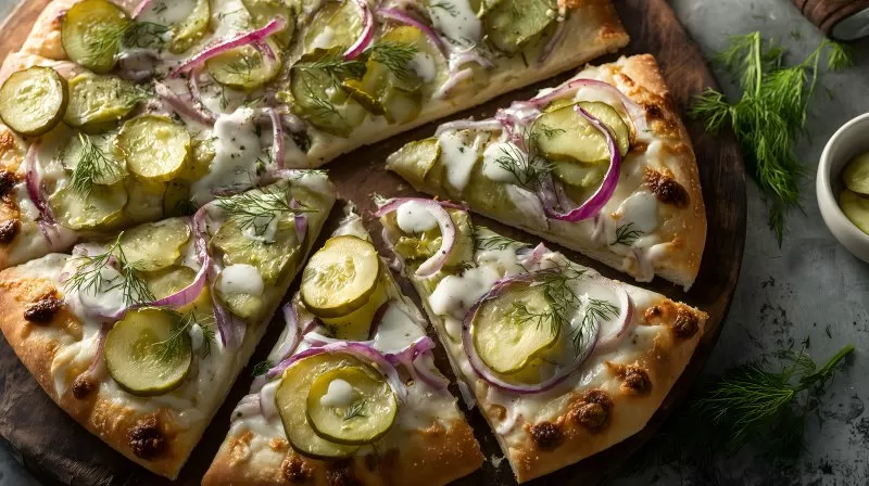 Gurkenpizza mit roten Zwiebeln und Dillsauce