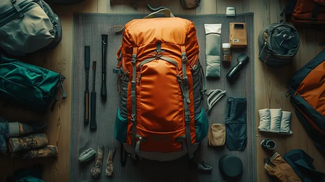 Gut ausgestatteter Outdoor-Rucksack mit Zubehör