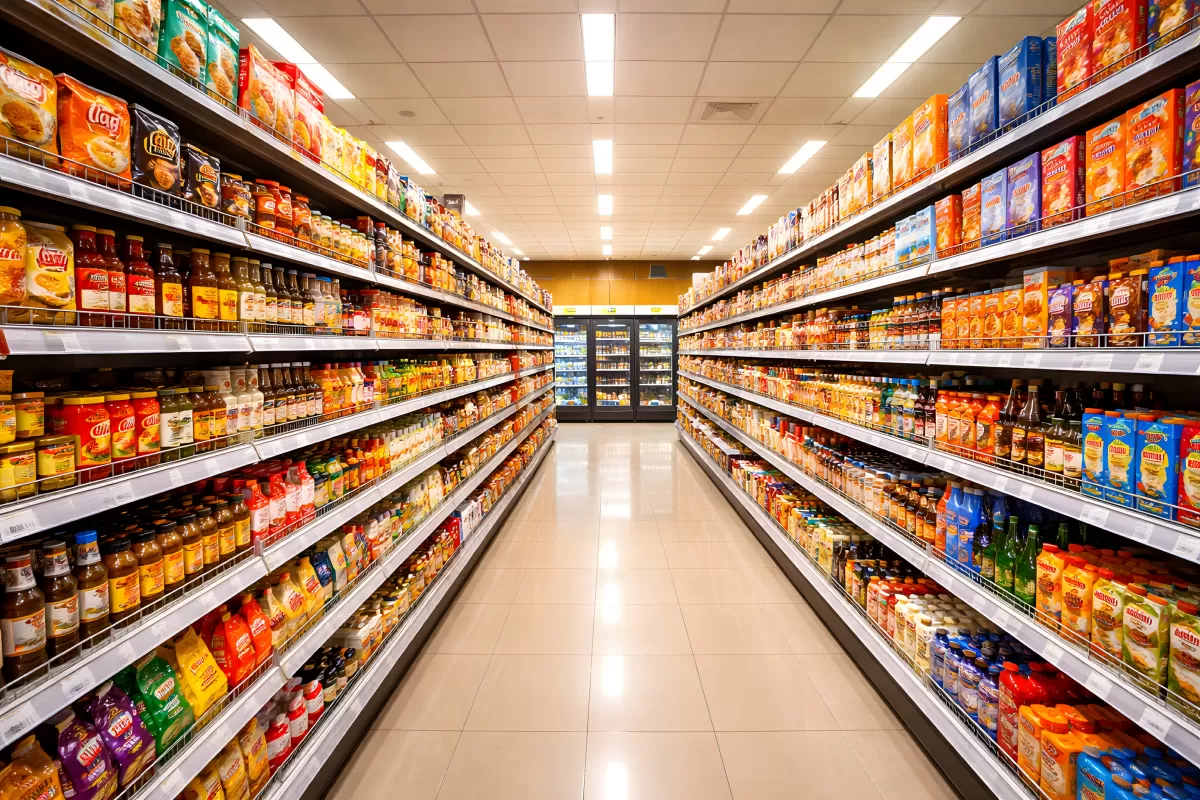 Gut gefüllter Supermarktgang mit bunten Regalen