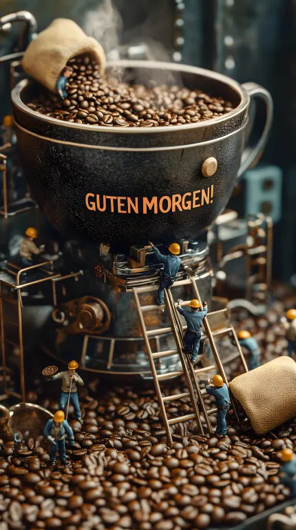 Guten Morgen! Dampfende Kaffeetasse mit Miniatur-Arbeitern