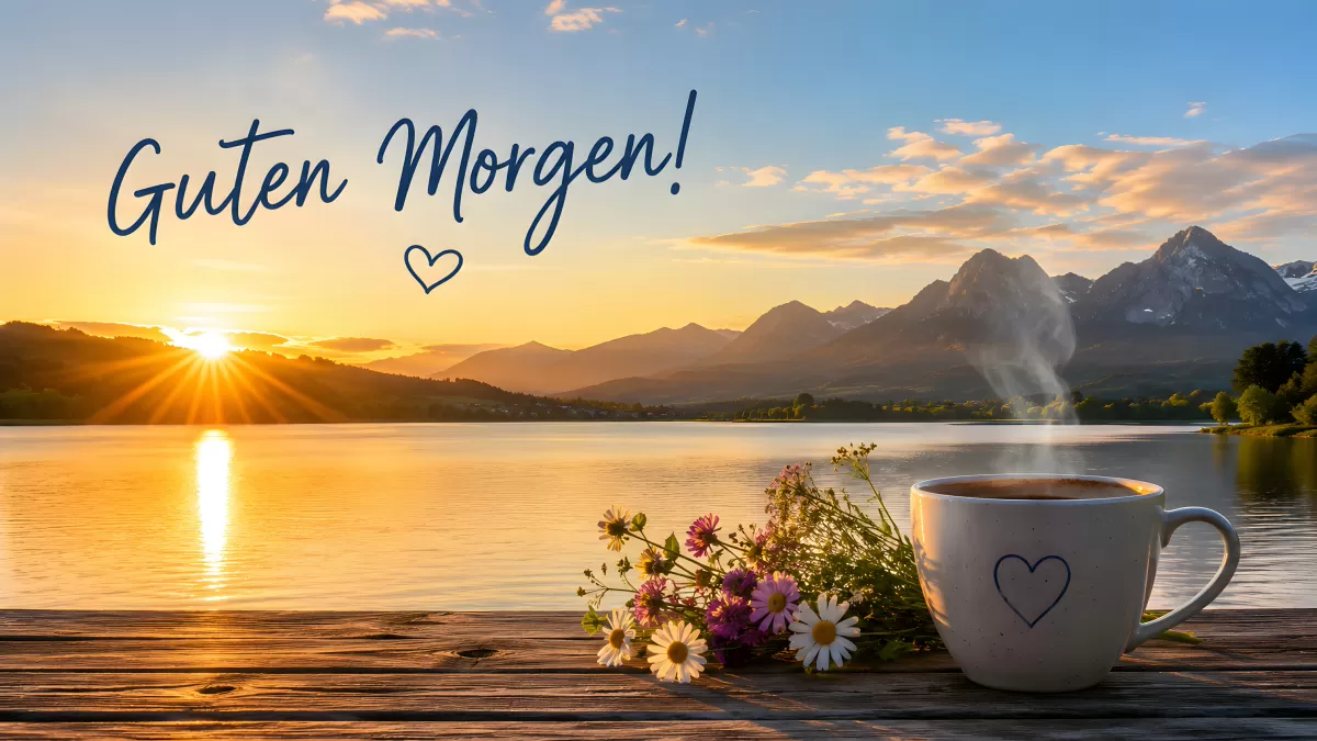 Guten Morgen Karte mit Kaffee und Sonnenaufgang
