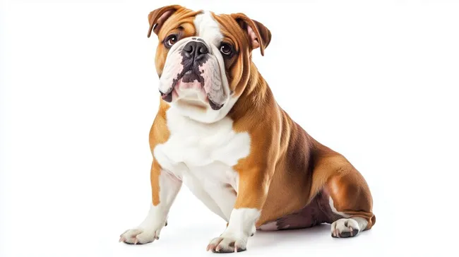Gutmütige Bulldogge vor weißem Hintergrund