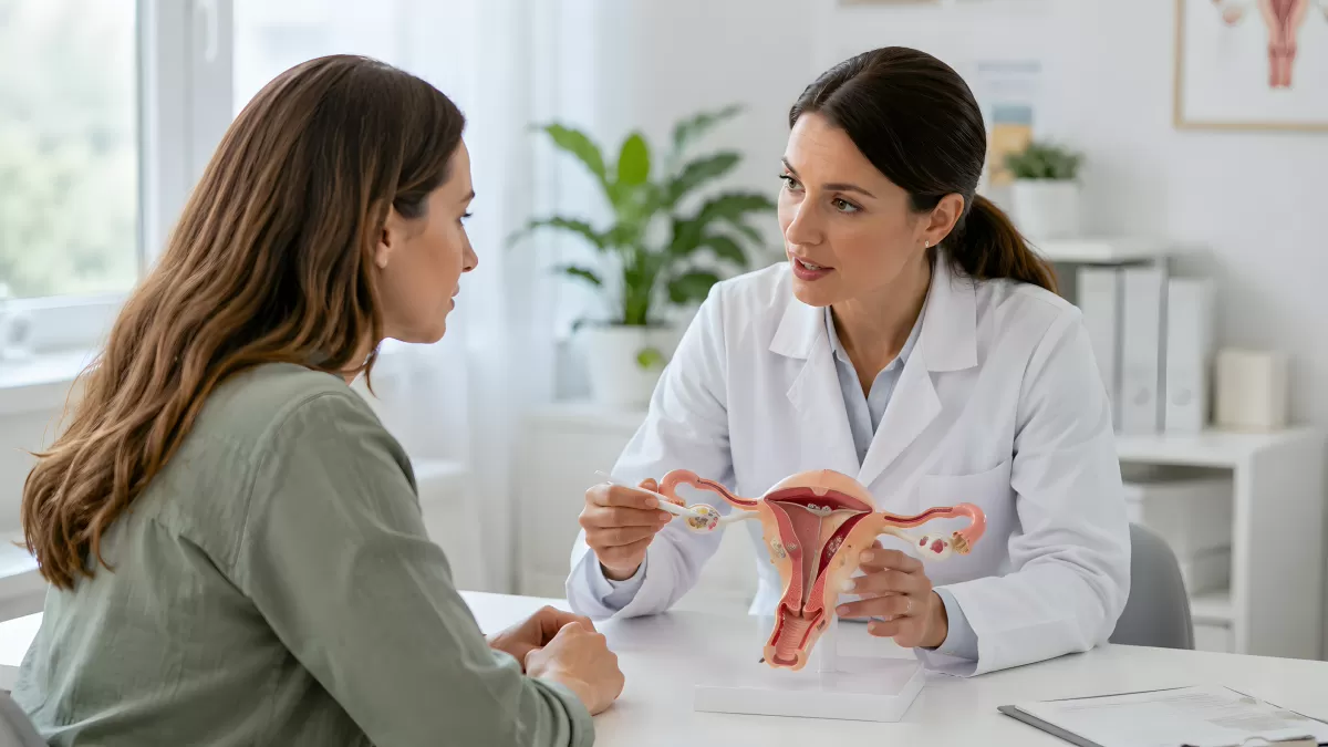 Gynäkologin erklärt Patientin weibliche Anatomie