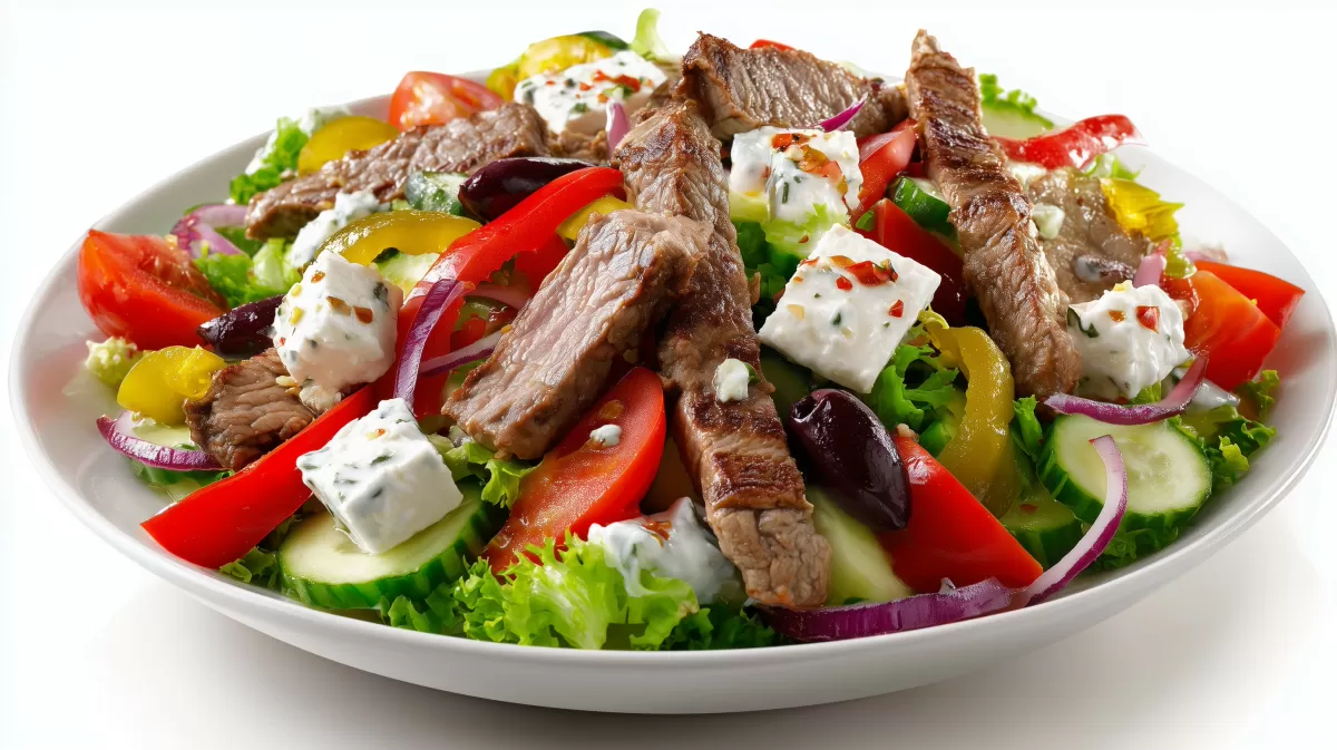 Gyros Bauernsalat mit Schafskäse auf weißem Teller