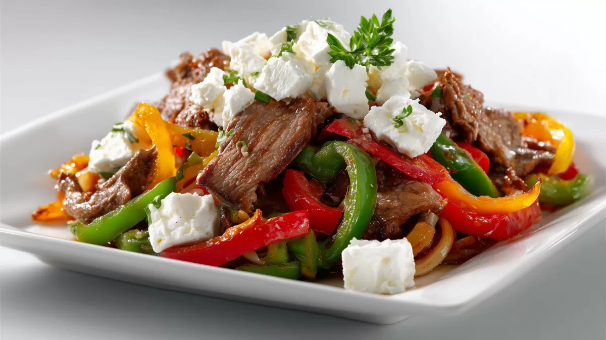 Gyros Gemüsepfanne mit Feta und buntem Paprika