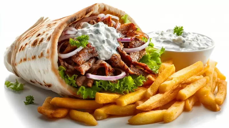 Gyros Pita mit Pommes Zwiebeln und Tzatziki auf weißem Teller