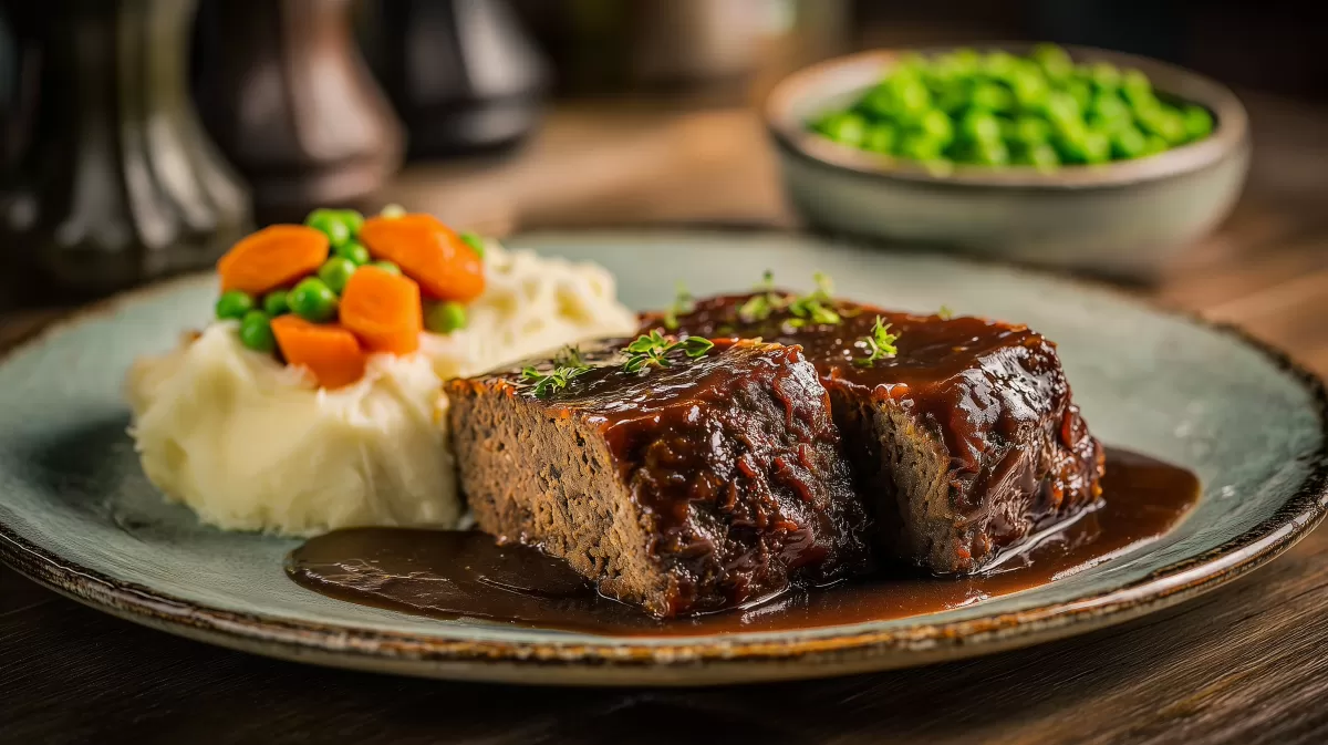 Hackbraten mit Kartoffelpüree und dunkler Soße