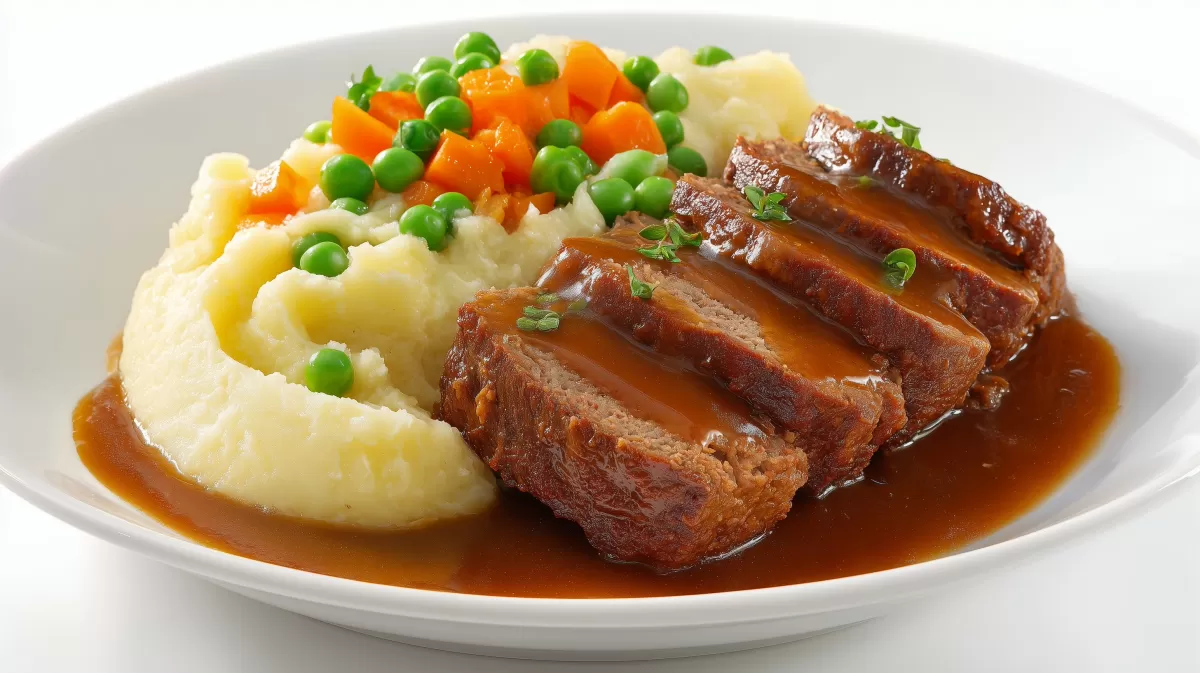 Hackbraten mit Kartoffelpüree und Gemüse in Soße