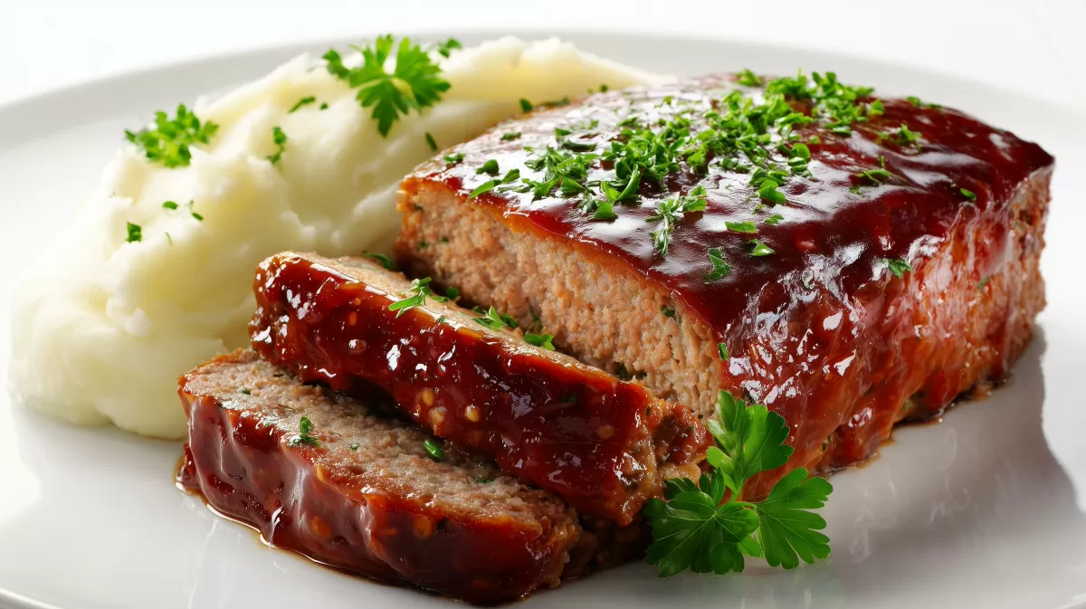 Hackbraten mit Tomatenglasur und Kartoffelpüree