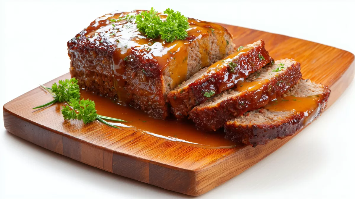 Hackbraten supersaftig mit Glasur auf Holzbrett