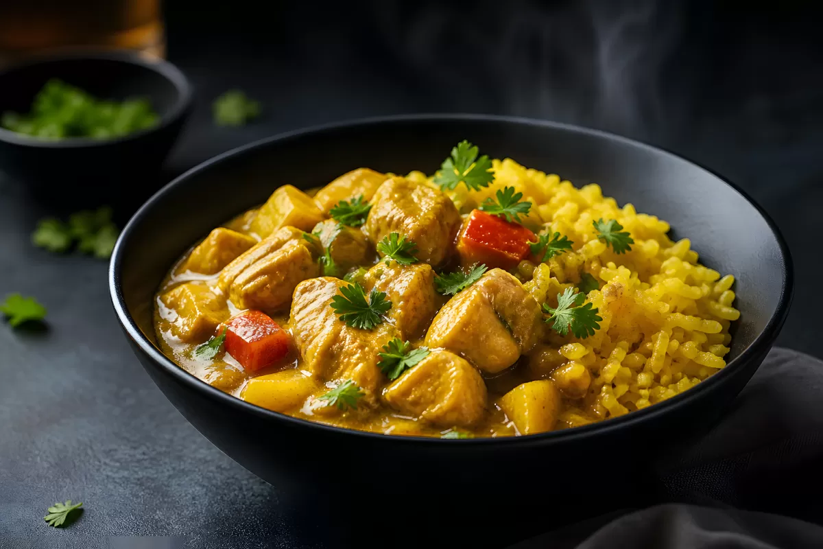 Hähnchen-Curry mit Kurkuma-Reis in schwarzer Schale