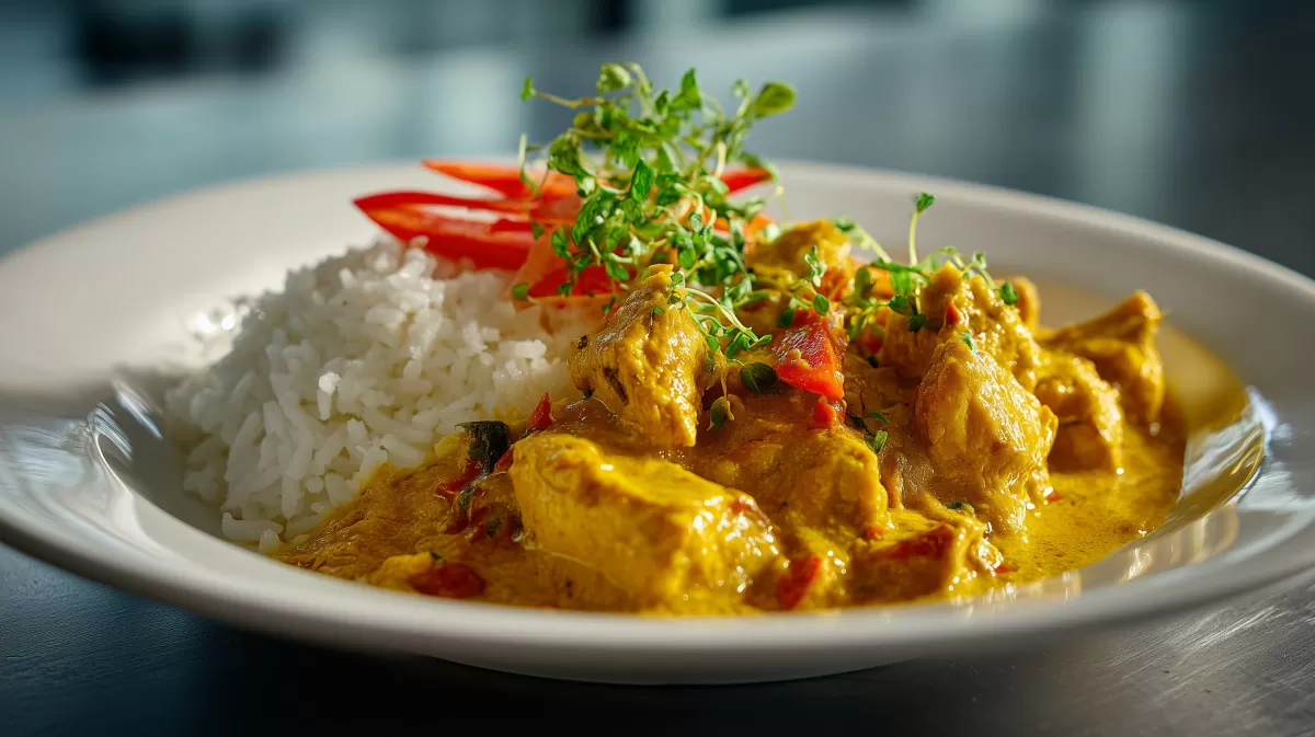 Hähnchen Curry mit Reis auf weißem Teller