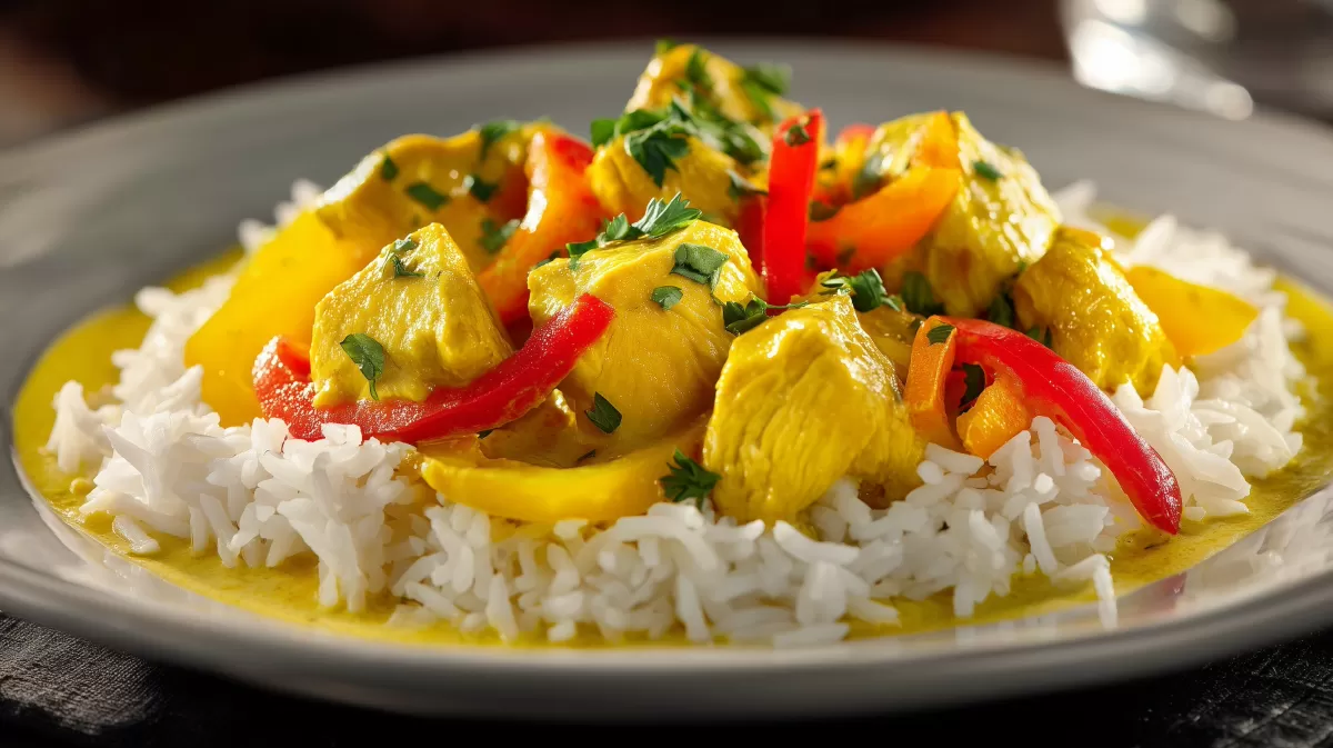 Hähnchen Curry mit Reis und buntem Gemüse