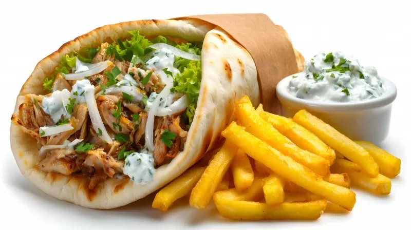 Hähnchen Gyros Pita mit Pommes Tzatziki und Kräutern