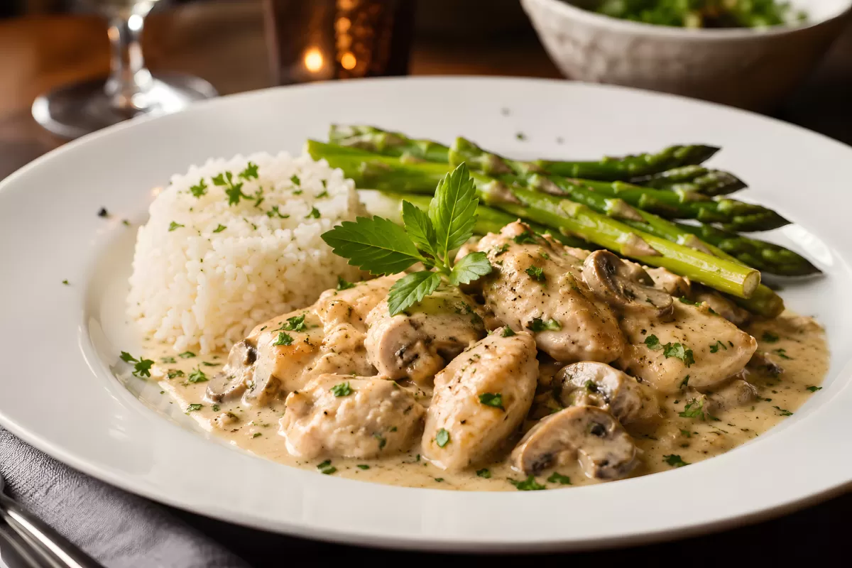 Hähnchen in Pilzrahmsauce mit Reis und Spargel
