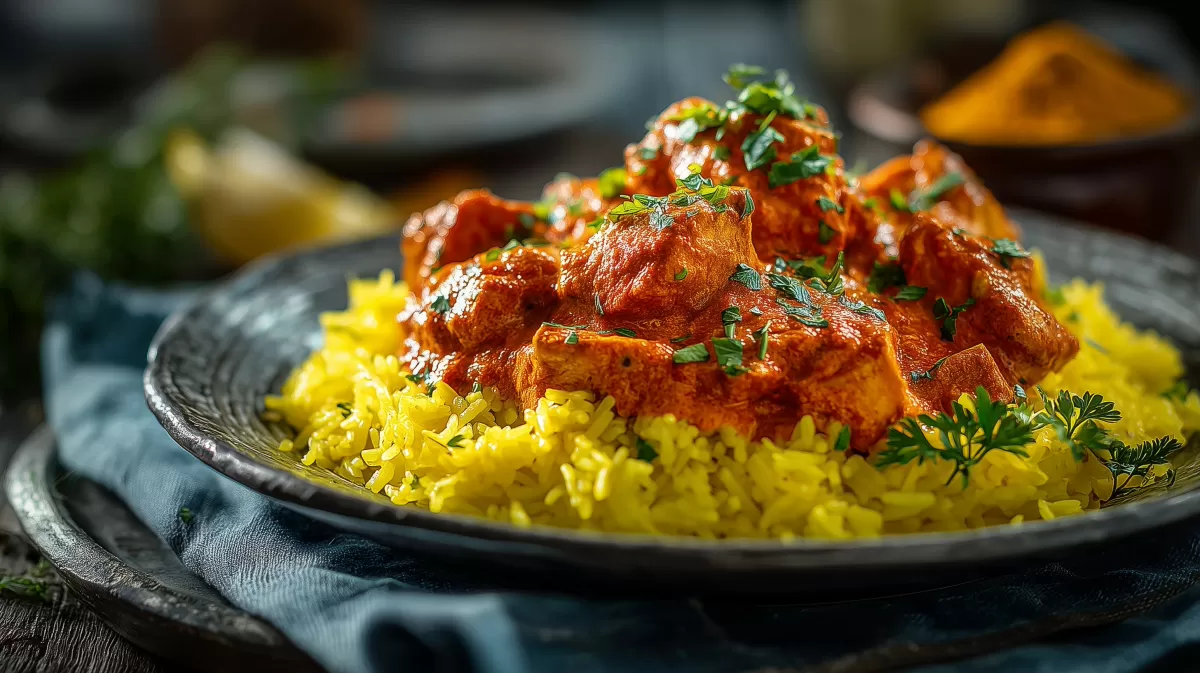 Hähnchen Tikka Masala auf gelbem Kurkuma-Reis