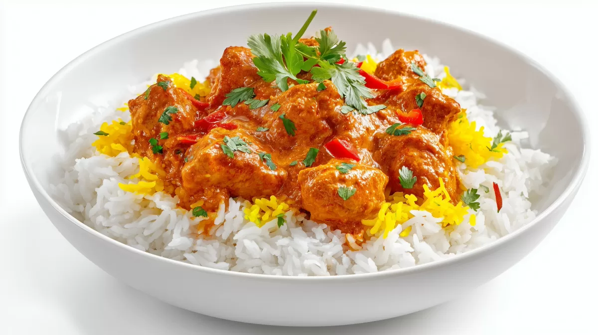 Hähnchen Tikka Masala mit Reis in weißer Schale
