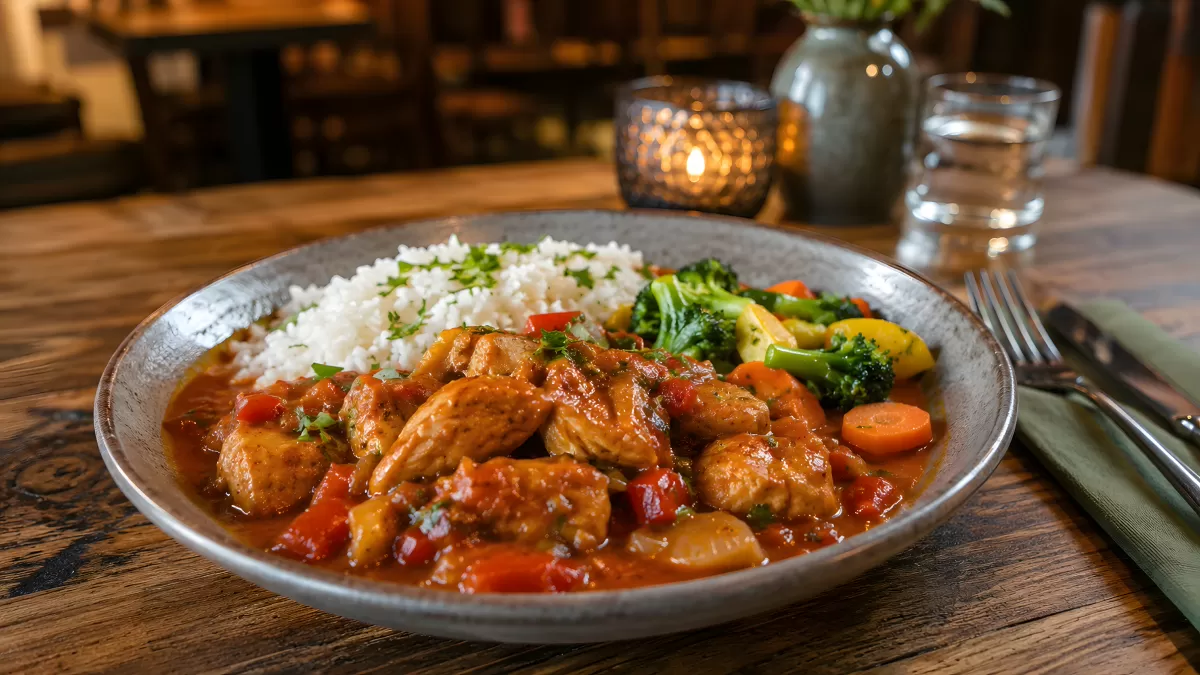 Hähnchen-Tomaten-Ragout mit Reis und Gemüse
