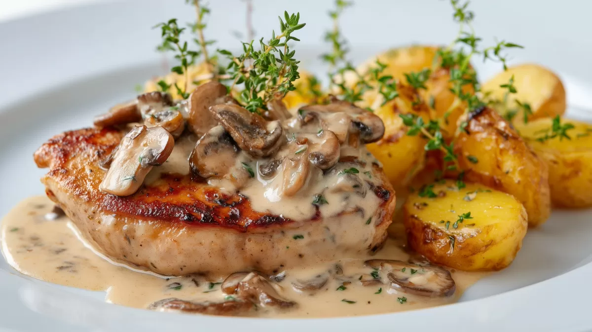 Hähnchenbrust mit Pilzsoße und Bratkartoffeln