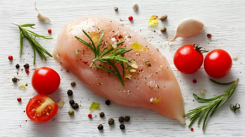 Hähnchenbrust roh mit Gewürzen und Tomaten auf weißem Hintergrund