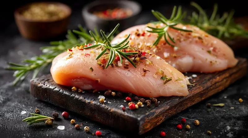 Hähnchenbrustfilets mit Kräutern und Gewürzen auf Brett