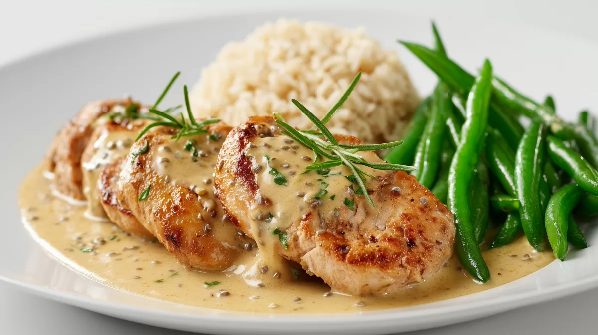 Hähnchenfilet in Senfsoße mit Reis und Bohnen