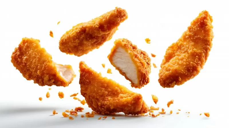 Hähnchenfilets mit goldener Panade im Flug