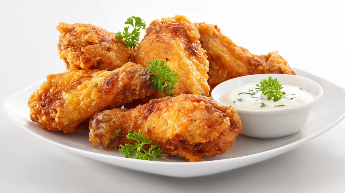 Hähnchenflügel knusprig frittiert mit Dip auf Teller