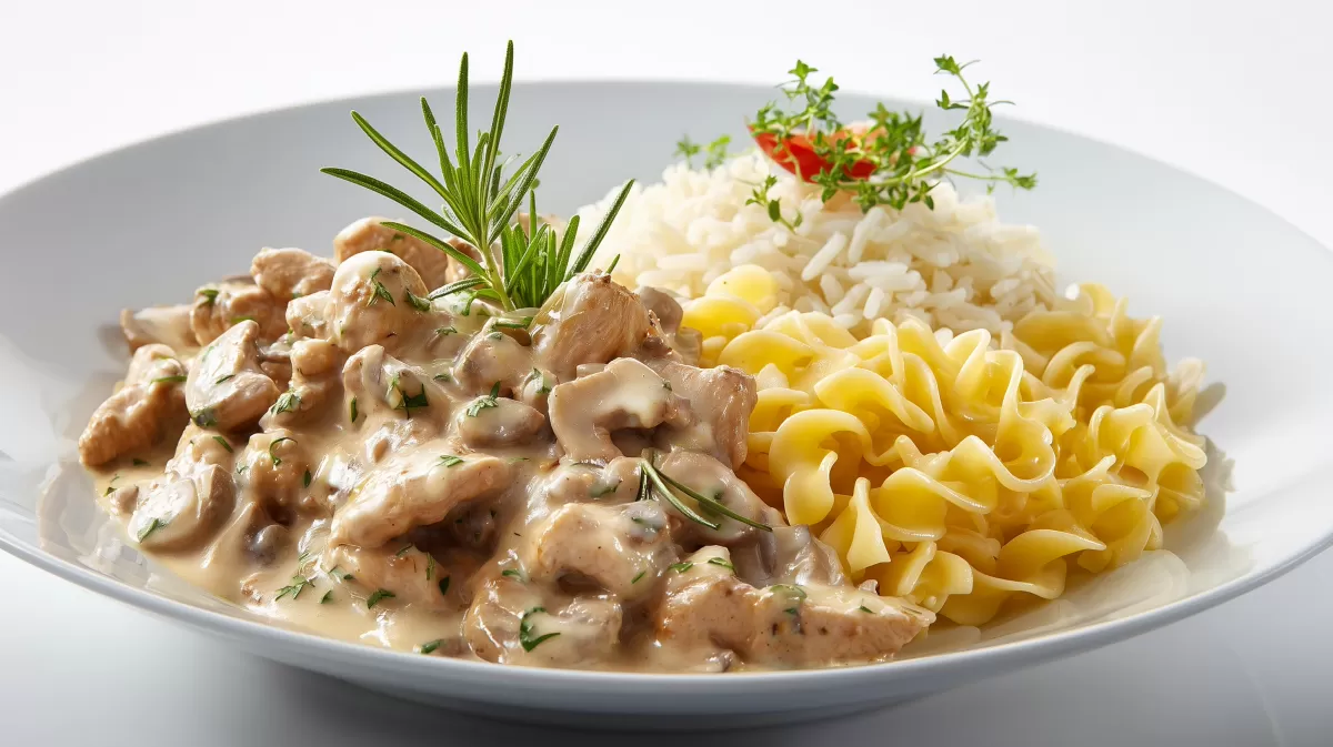 Hähnchengeschnetzeltes mit Bandnudeln und Reis