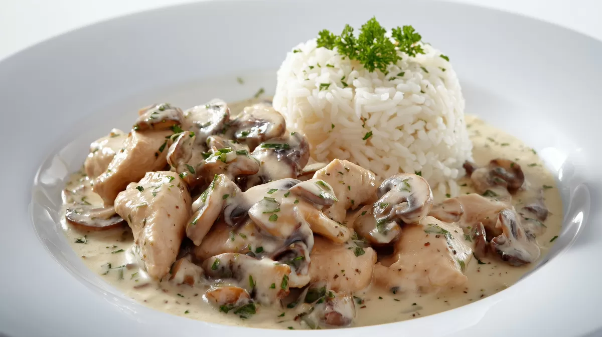 Hähnchengeschnetzeltes mit Champignons und Reis