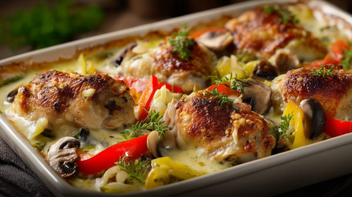 Hähnchenschenkel mit Ofen-Schmand-Gemüse in Auflaufform