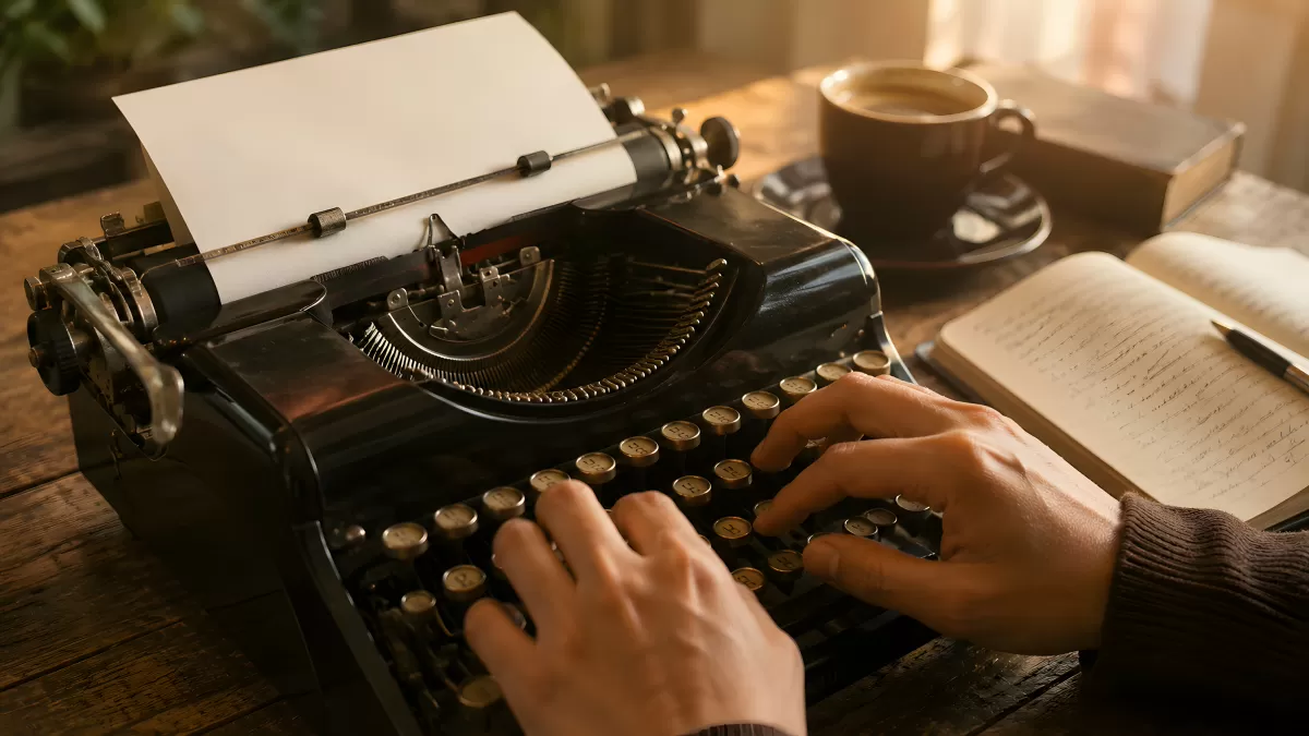 Hände an alter Schreibmaschine mit Kaffee und Notizbuch