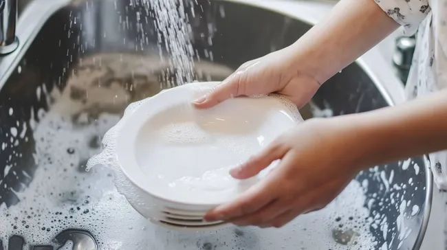 Hände beim Spülen von Geschirr in der Küche