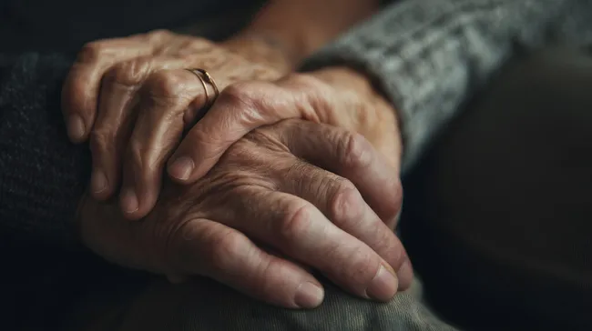 Hände eines älteren Paares mit Eheringen