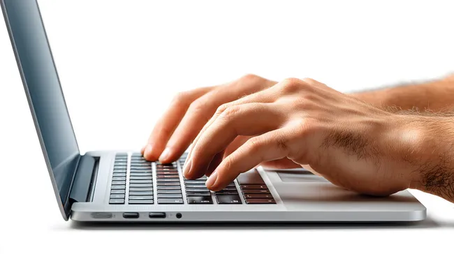 Hände eines Computernutzers tippen auf Laptop-Tastatur