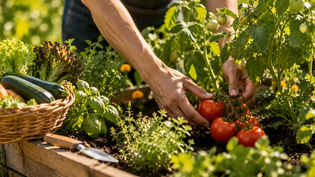 Hände ernten reife Tomaten im Gemüsegarten