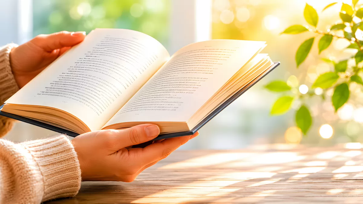 Hände halten aufgeschlagenes Buch im warmen Sonnenlicht