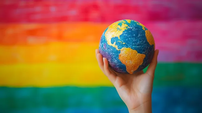 Hände halten bunte Erde-Kugel vor Regenbogenfahne