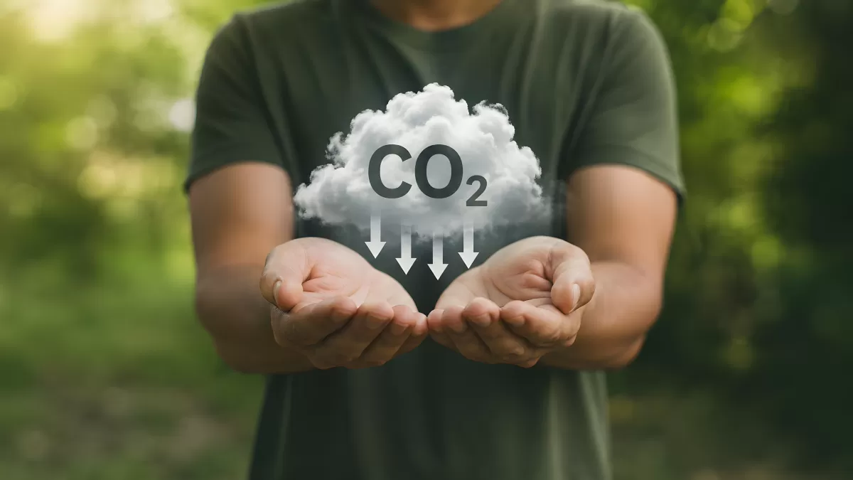 Hände halten CO2-Wolke mit Pfeilen nach unten