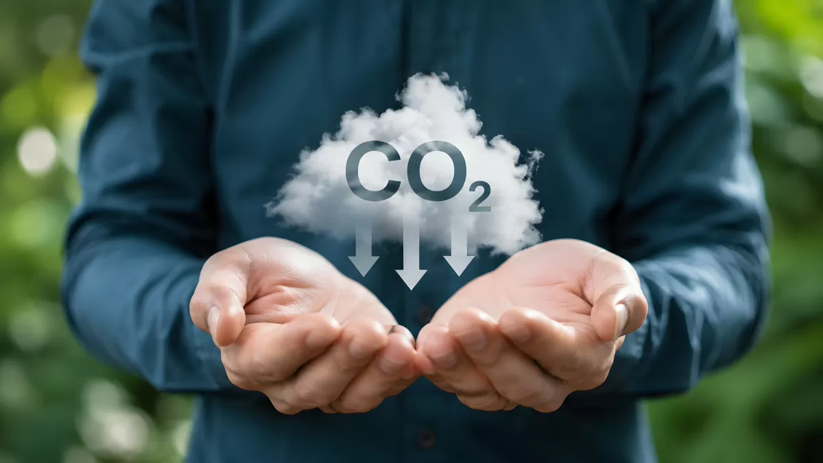 Hände halten CO2-Wolke mit Reduktionspfeilen