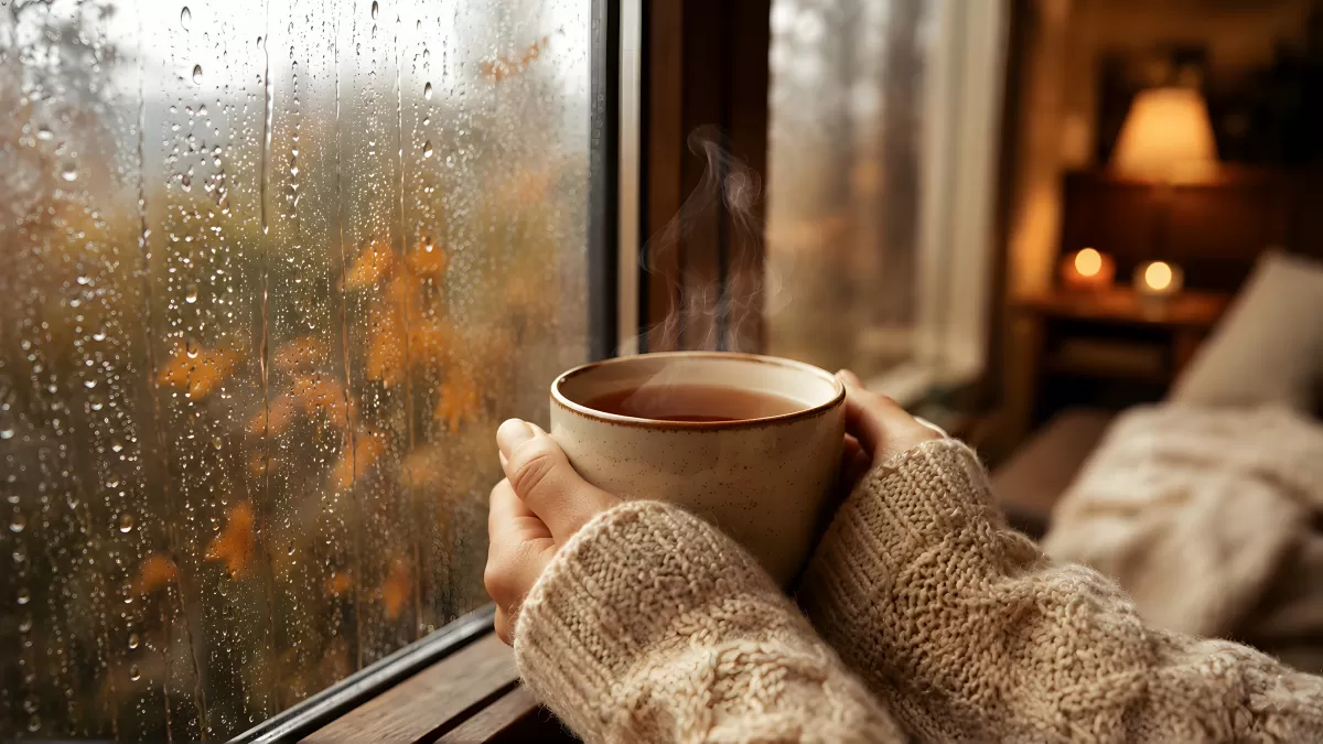 Hände halten dampfende Tasse am Regenfenster im Herbst
