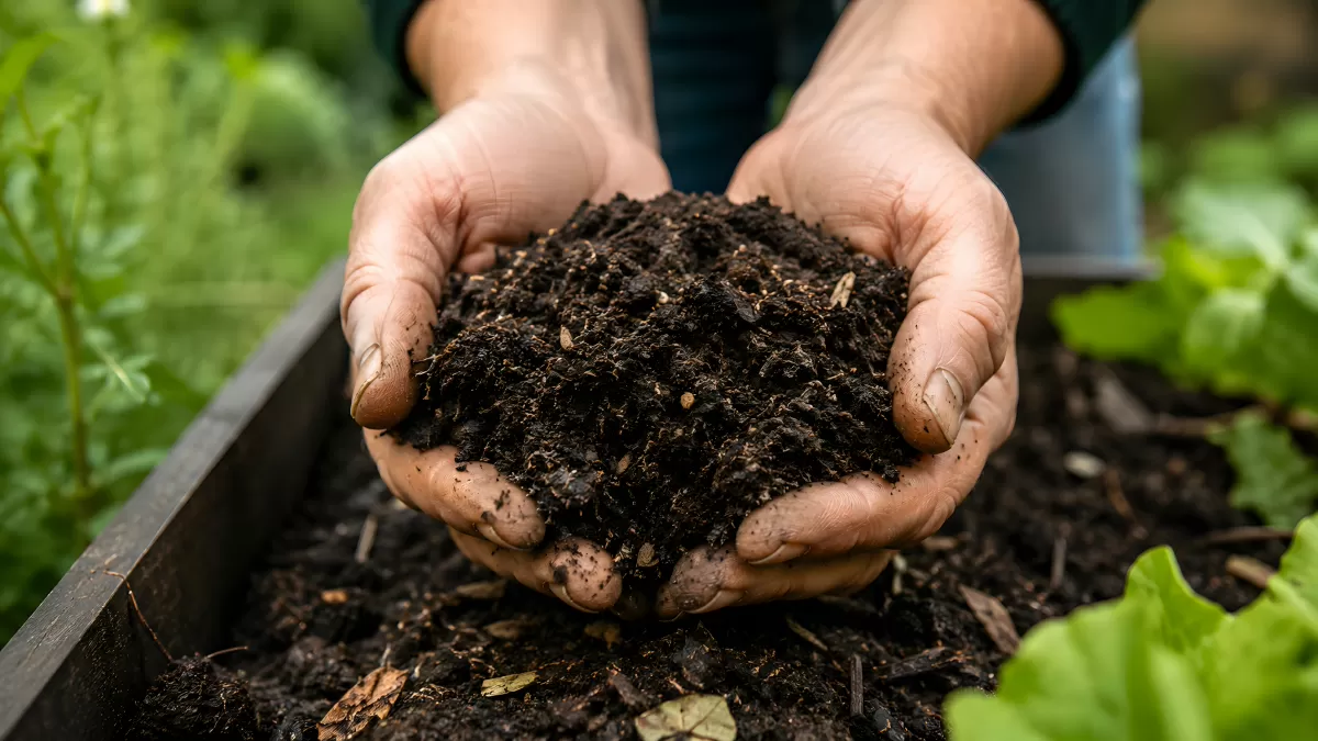 Hände halten dunkle Gartenerde im Hochbeet