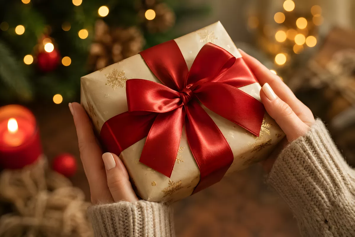 Hände halten ein goldenes Weihnachtsgeschenk mit roter Schleife